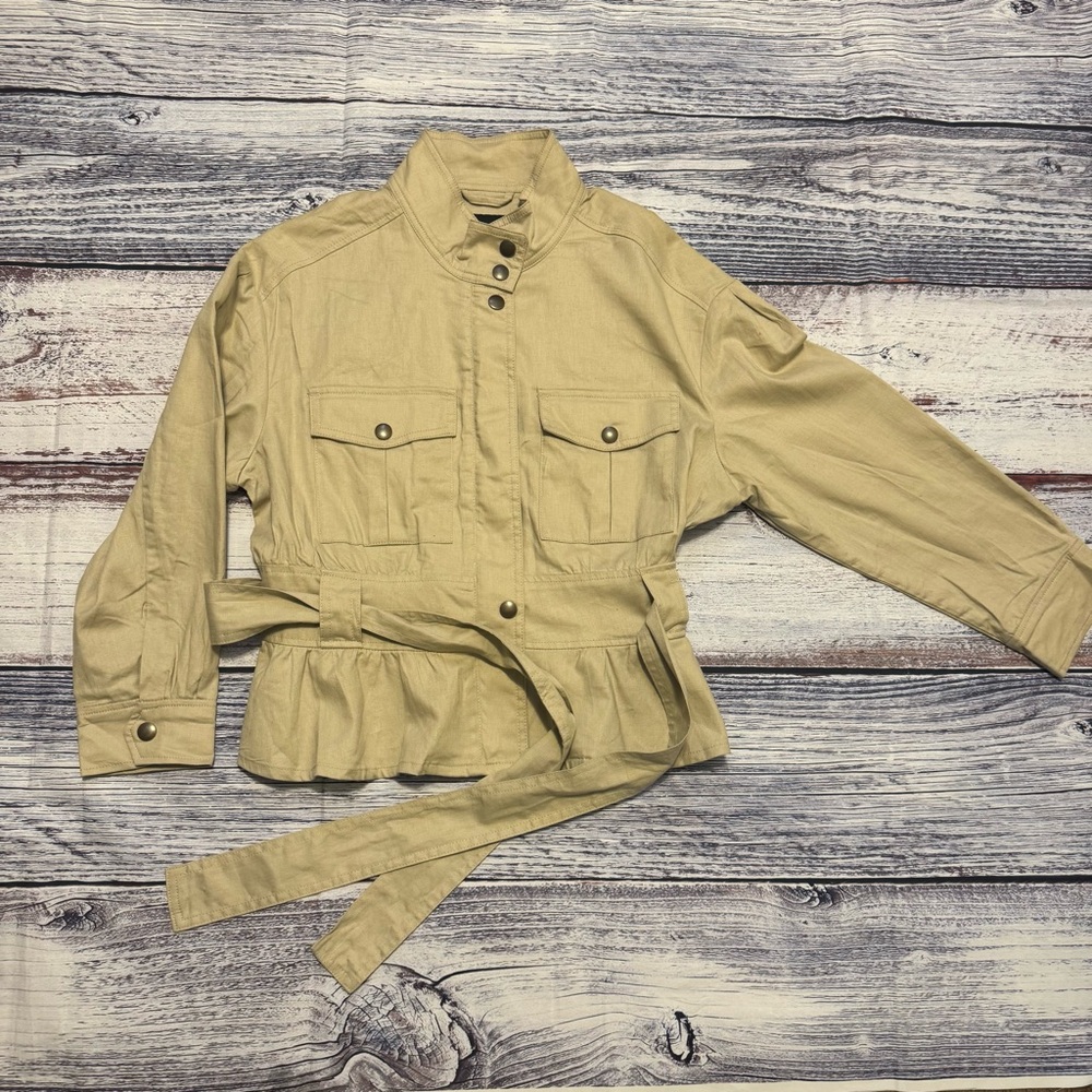 Banana Republic Lightweight Linen Snap Pockets Belted Tan Spring Jacket LP